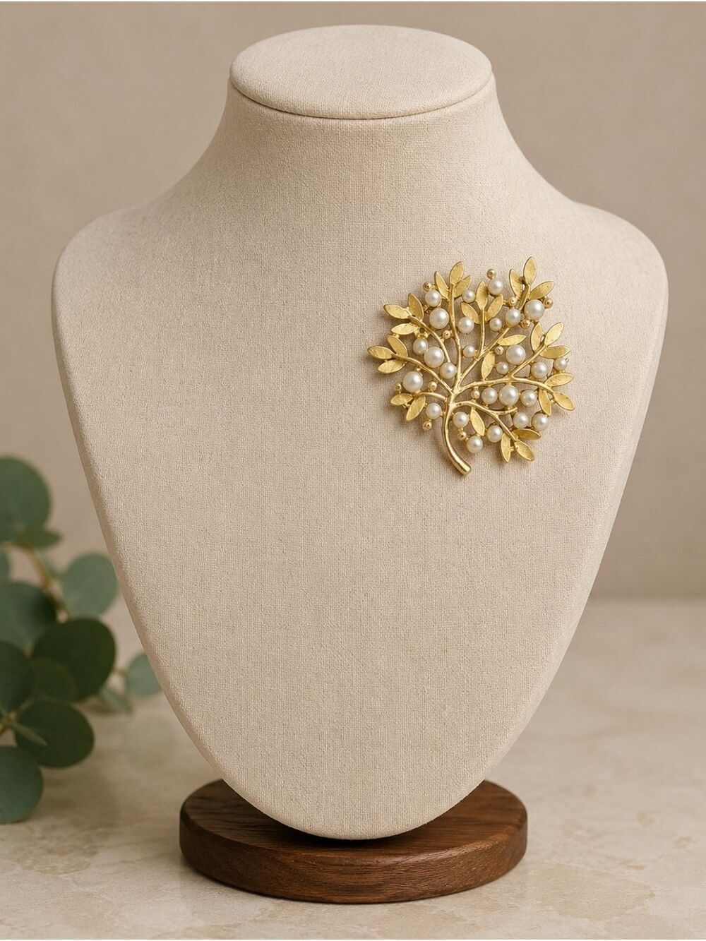 Vintage Tree of Life Brooch Gold Tone Faux Pearl Botanical Pin